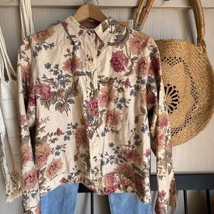 Cottage-Style Floral Button-Up Linen Blend Jacket S